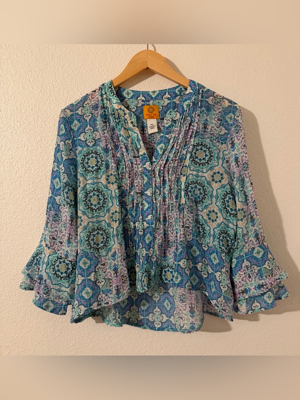 Ruby Rd. Blue Teal Floral Pintuck Flutter Sleeves Peasant Blouse Size Petite